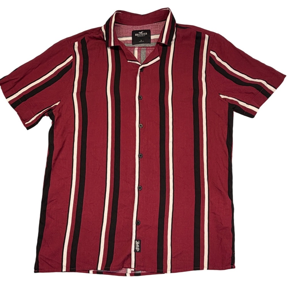 Hollister Mens Short Sleeve Button Down Shirt Burgundy Striped Viscose Large